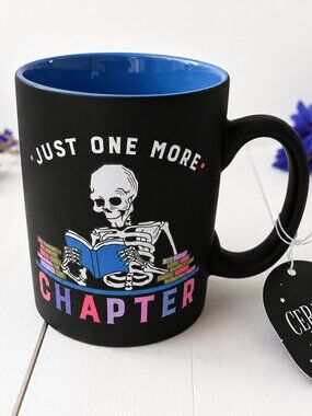 Sunday Morning Ceramics "Just One More Chapter" Skeleton Reading Mug NWT